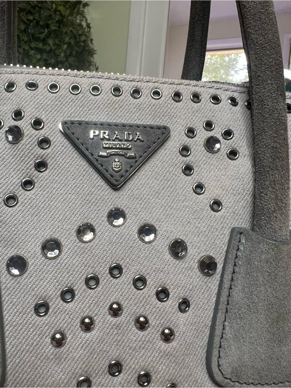 Prada Canapa Studded Crystal Denim Tote Bag Grey Nube B2692H - Picture 5 of 17